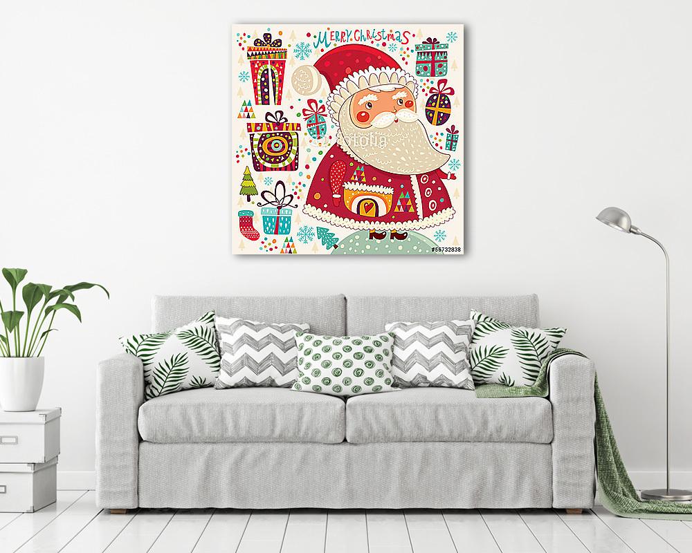 Cartoon vicces Mikulás ajándékokkal (vászonkép) - vászonkép, falikép otthonra és irodába
