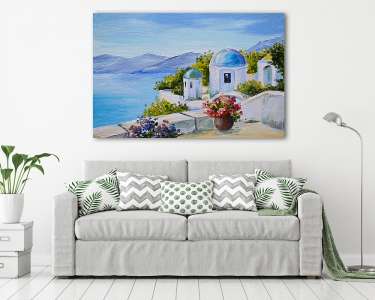 Santorini, ház a tenger közelében (olajfestmény reprodukció) (vászonkép) - vászonkép, falikép otthonra és irodába
