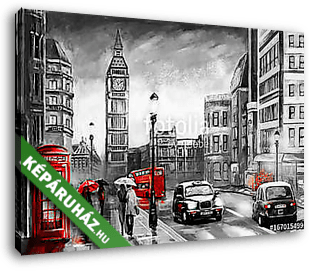 London utcái és a Big Ben. Fekete, piros színverzió (olajfestmény reprodukció) - vászonkép 3D látványterv