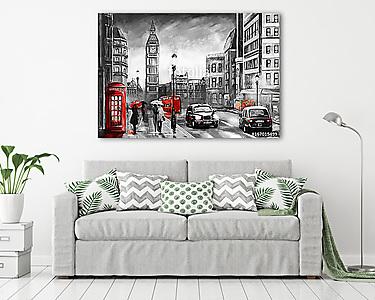 London utcái és a Big Ben. Fekete, piros színverzió (olajfestmény reprodukció) (vászonkép) - vászonkép, falikép otthonra és irodába