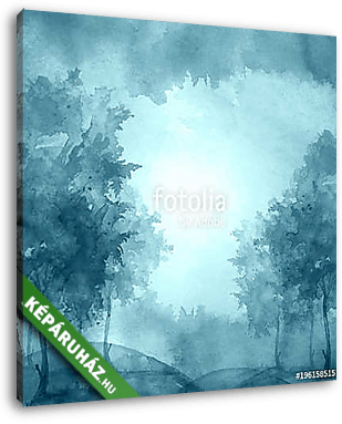 Watercolor banner, logo, postcard. blue silhouette of the forest - vászonkép 3D látványterv