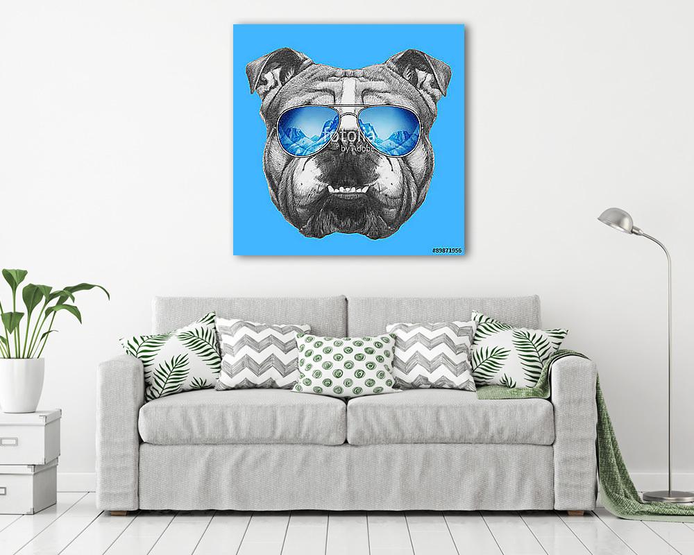 Portrait of English Bulldog mirror sunglasses. Hand drawn illust (bögre) - vászonkép, falikép otthonra és irodába