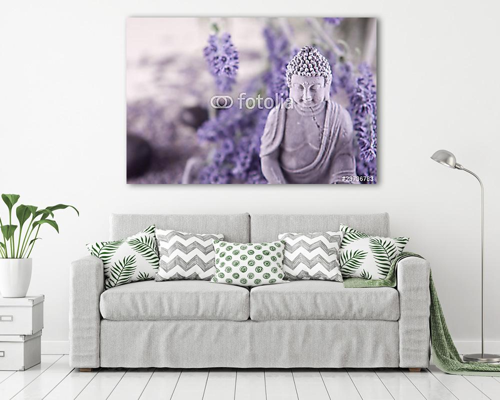 Buddha a zen meditációban, masszázskövek, levendula (vászonkép) - vászonkép, falikép otthonra és irodába