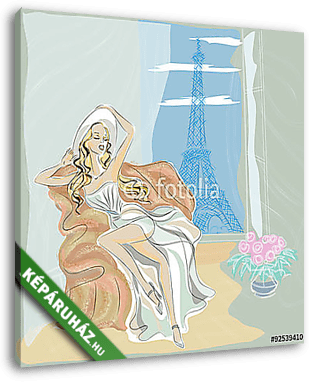 Fashion girl in Paris hotel közelében Eiffel Towe - vászonkép 3D látványterv
