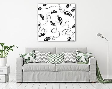 Seamless pattern - cars. Black on white (vászonkép) - vászonkép, falikép otthonra és irodába