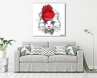 Portrait cat in a red Elegant woman's hat and with bow. Vector i (vászonkép) - vászonkép, falikép otthonra és irodába