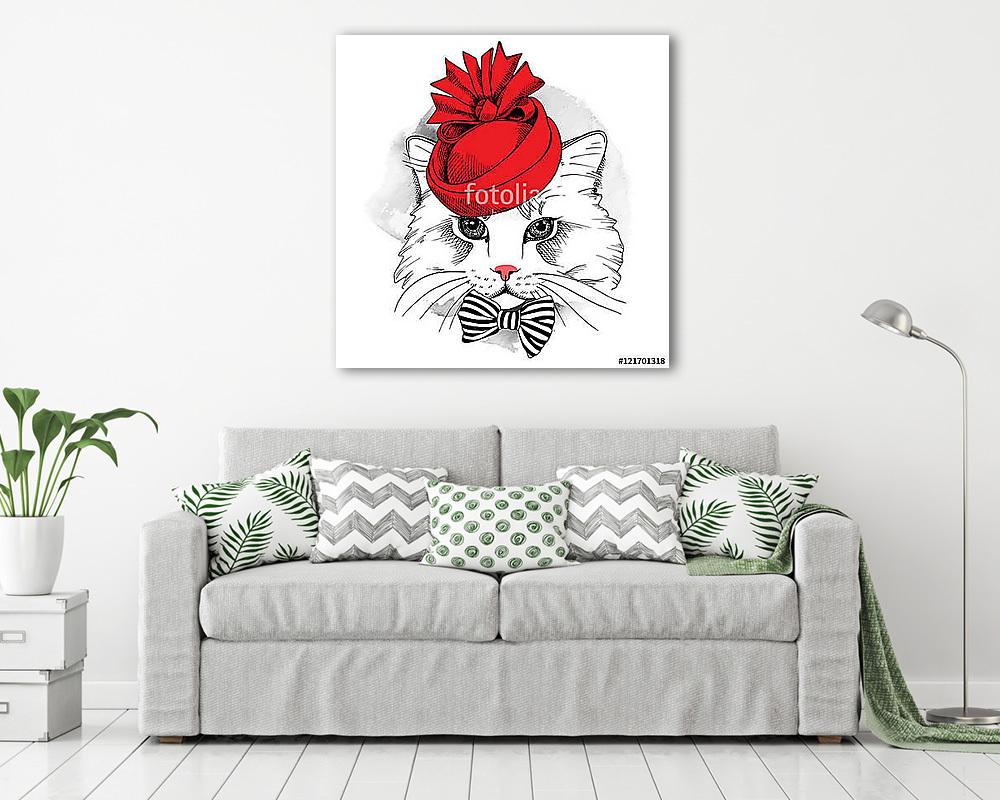 Portrait cat in a red Elegant woman's hat and with bow. Vector i (többrészes kép) - vászonkép, falikép otthonra és irodába