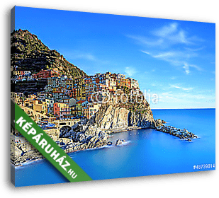 Manarola falu, sziklák és a tenger napnyugtakor. Cinque Terre, O - vászonkép 3D látványterv