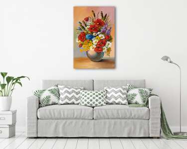 Tavaszi színes virágok kaspóban (olajfestmény reprodukció) (vászonkép) - vászonkép, falikép otthonra és irodába