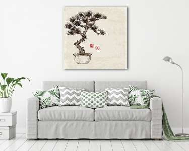 Bonsai fenyőfa kézzel festett tintával  (vászonkép) - vászonkép, falikép otthonra és irodába
