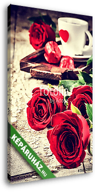 Szent Valentine szobája kávéscsészettel és vörös rózsával - vászonkép 3D látványterv Szent Valentine szobája kávéscsészettel és vörös rózsával - vászonkép 3D látványterv