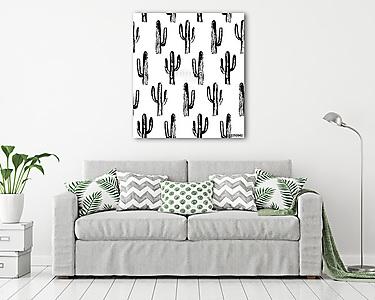 Black and white cactus. Sketch pattern. Botanical background (vászonkép) - vászonkép, falikép otthonra és irodába