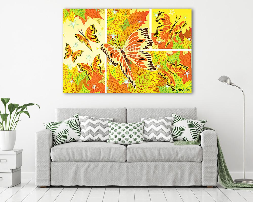 Őszi levelek pillangókkal (többrészes kép) - vászonkép, falikép otthonra és irodába