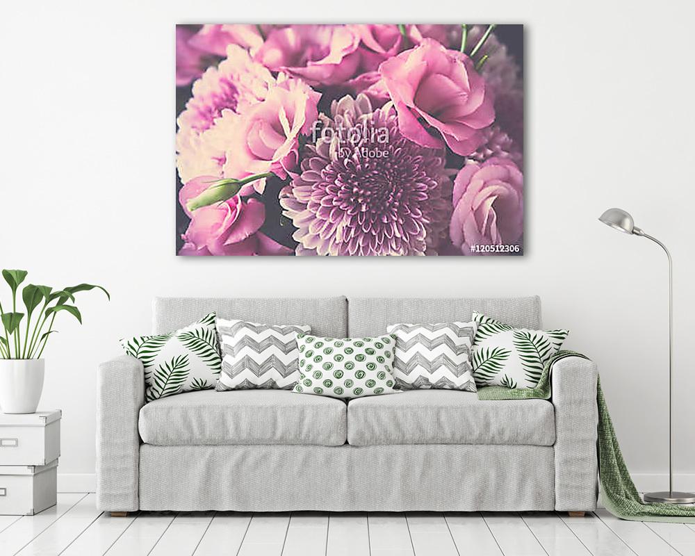 Bouquet of pink flowers closeup, eustoma and chrysanthemum - vászonkép, falikép vásárlás Bouquet of pink flowers closeup, eustoma and chrysanthemum (vászonkép) - vászonkép, falikép otthonra és irodába