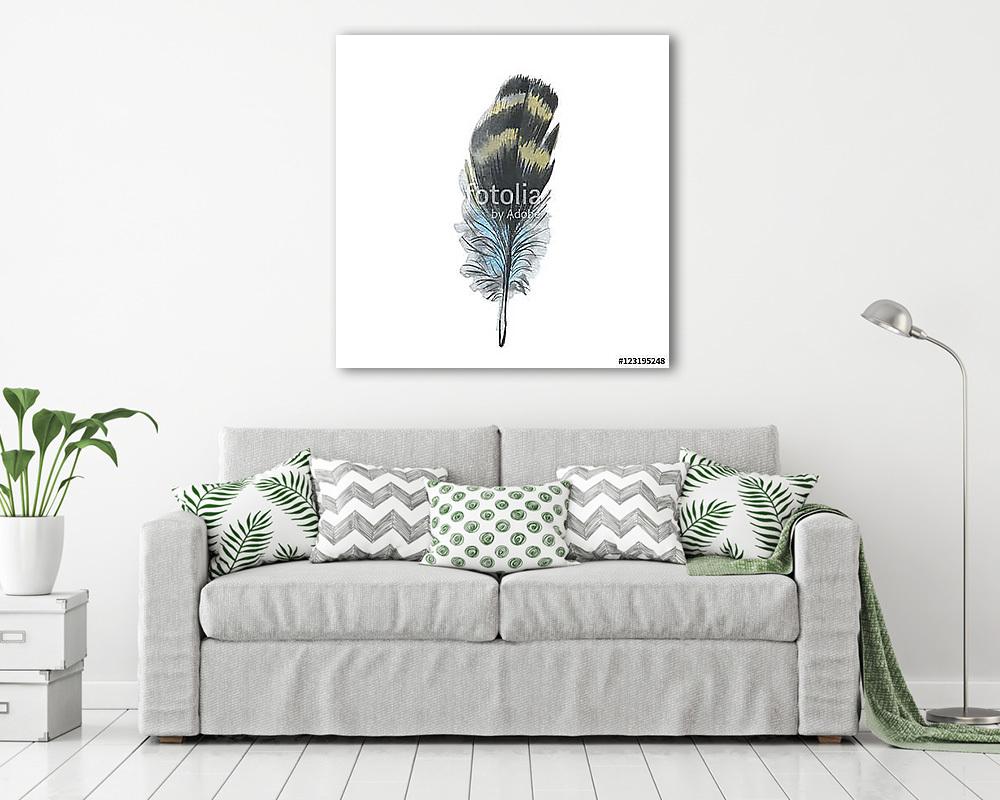 Watercolor bird feather from wing isolated. Aquarelle wild flowe - vászonkép, falikép vásárlás Watercolor bird feather from wing isolated. Aquarelle wild flowe (vászonkép) - vászonkép, falikép otthonra és irodába