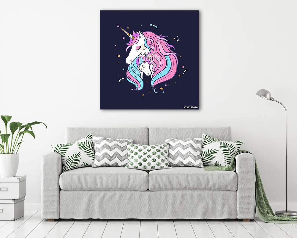 Unikornis mama kicsinyével - fekete háttér (vászonkép) - vászonkép, falikép otthonra és irodába