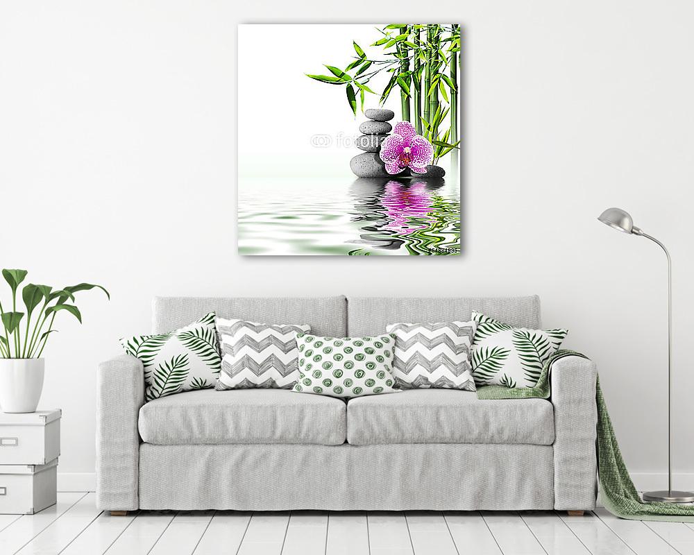 lila orchidea virág vége bambusz a vízen (többrészes kép) - vászonkép, falikép otthonra és irodába