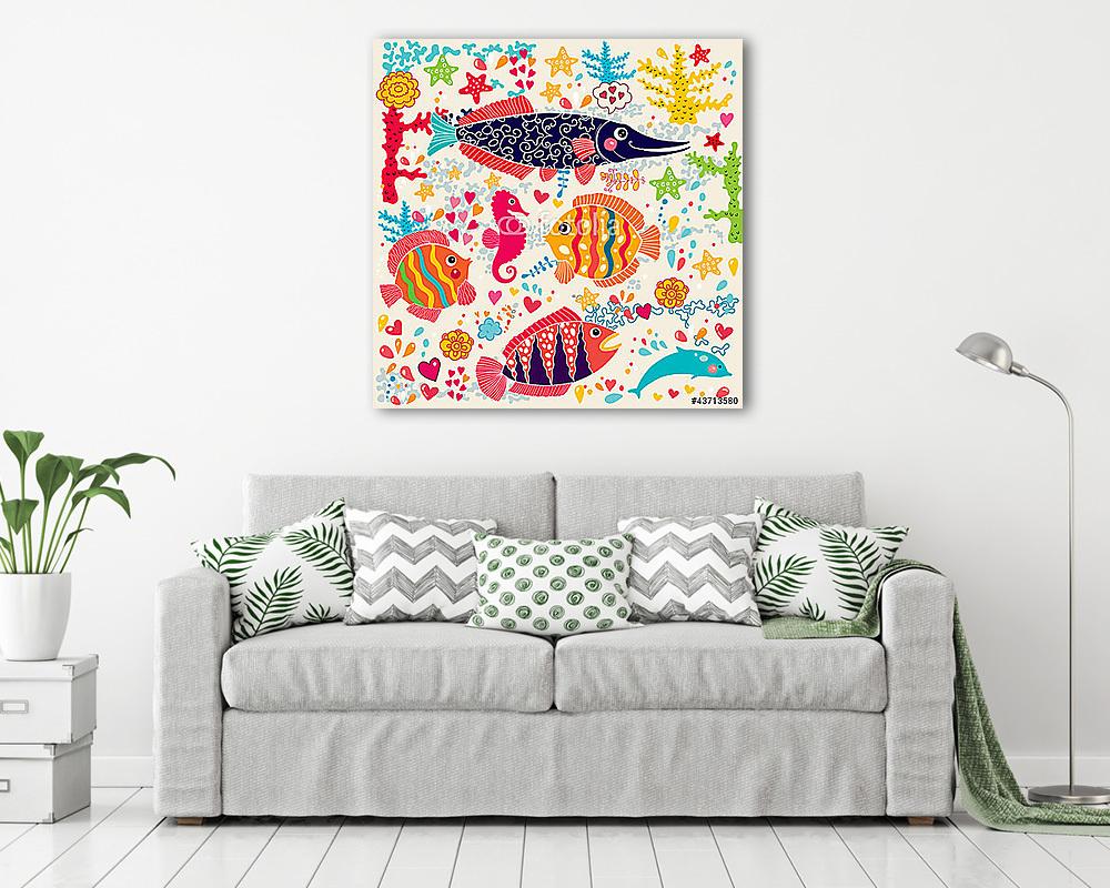 Vektor tapéta hal és tengeri élet (vászonkép) - vászonkép, falikép otthonra és irodába