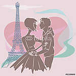 Édes pár Párizsban az Eiffel-torony közelében. Nagy szív backgro vászonkép, poszter vagy falikép
