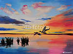 olajfestmény - Daruk naplementében, művészi munkák vászonkép, poszter vagy falikép