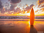 surfboard on the beach in sea shore at sunset time with beautiful light vászonkép, poszter vagy falikép