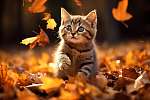 Cica játszik az őszi levelekkel vászonkép, poszter vagy falikép