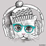 Image cat portrait in a hat and headphones. Vector illustration. vászonkép, poszter vagy falikép
