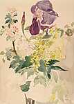 Virág kompozició, írisszel, aranyesővel és gólyaorral (geranium) vászonkép, poszter vagy falikép