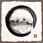 Sziget fákkal a fekete enso zen körön a régi, kézzel készített p vászonkép, poszter vagy falikép