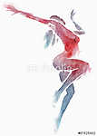 Meztelen modern táncos piros-kék akvarell fehér színben vászonkép, poszter vagy falikép