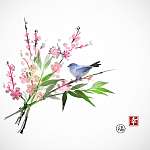 Sakura virágban, bambusz ág és kis kék madár fehér b vászonkép, poszter vagy falikép
