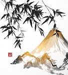 Bambusz és hegyek, kézzel húzott tintával a hagyományos japánokb vászonkép, poszter vagy falikép