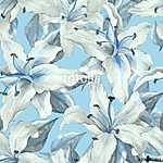 Blue pattern with lilies. Floral seamless watercolor background vászonkép, poszter vagy falikép