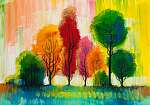 Absztrakt stílusú színes őszi hangulatú fák (olajfestmény reprodukció) vászonkép, poszter vagy falikép