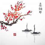 Keleti szent sakura cseresznyefa és két halászhajó  (id: 10427) tapéta
