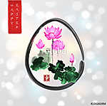 Húsvéti kártya, tojással és lótuszvirágokkal hagyományos kézzel vászonkép, poszter vagy falikép