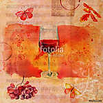 Vörösboros pohár kottákkal és lepkékkel kollázs (akvarell) vászonkép, poszter vagy falikép