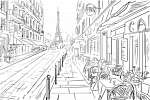 Párizsi utcák, éttermi teraszokkal, Eiffel toronnyal vászonkép, poszter vagy falikép