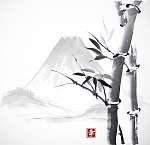 Bambusz és hegyek, kézzel festett tintával vászonkép, poszter vagy falikép