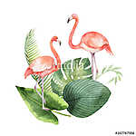 Watercolor card of tropical leaves and the pink Flamingo isolate vászonkép, poszter vagy falikép