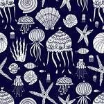 Kagylók-csillagok-medúzák tapétaminta - sötétkék vászonkép, poszter vagy falikép