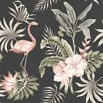 Rózsaszín flamingó és levelek tapétaminta fekete háttéren vászonkép, poszter vagy falikép