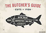 Cut of meat set. Poster Butcher diagram and scheme - Fish. Vinta vászonkép, poszter vagy falikép