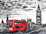 Big Ben és egy double-decker - szürke-piros művészi kép vászonkép, poszter vagy falikép