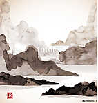 Tájkép a hegyekkel és a tengerrel. Hagyományos japán japán i (id: 10446) tapéta