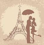 Nászút és romantikus utazás. Pár párizsi, Eiffel-torony vászonkép, poszter vagy falikép