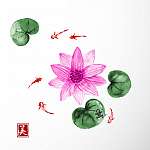 Lótusz virágok és kis halak a tóban, japán rajz vászonkép, poszter vagy falikép