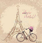 Bonjour Párizs Eiffel-torony és kerékpár - vintage vászonkép, poszter vagy falikép