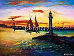 Kikötő világítótoronnyal (festmény) vászonkép, poszter vagy falikép