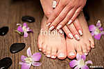 Relaxing pink manicure and pedicure with a orchid flower vászonkép, poszter vagy falikép